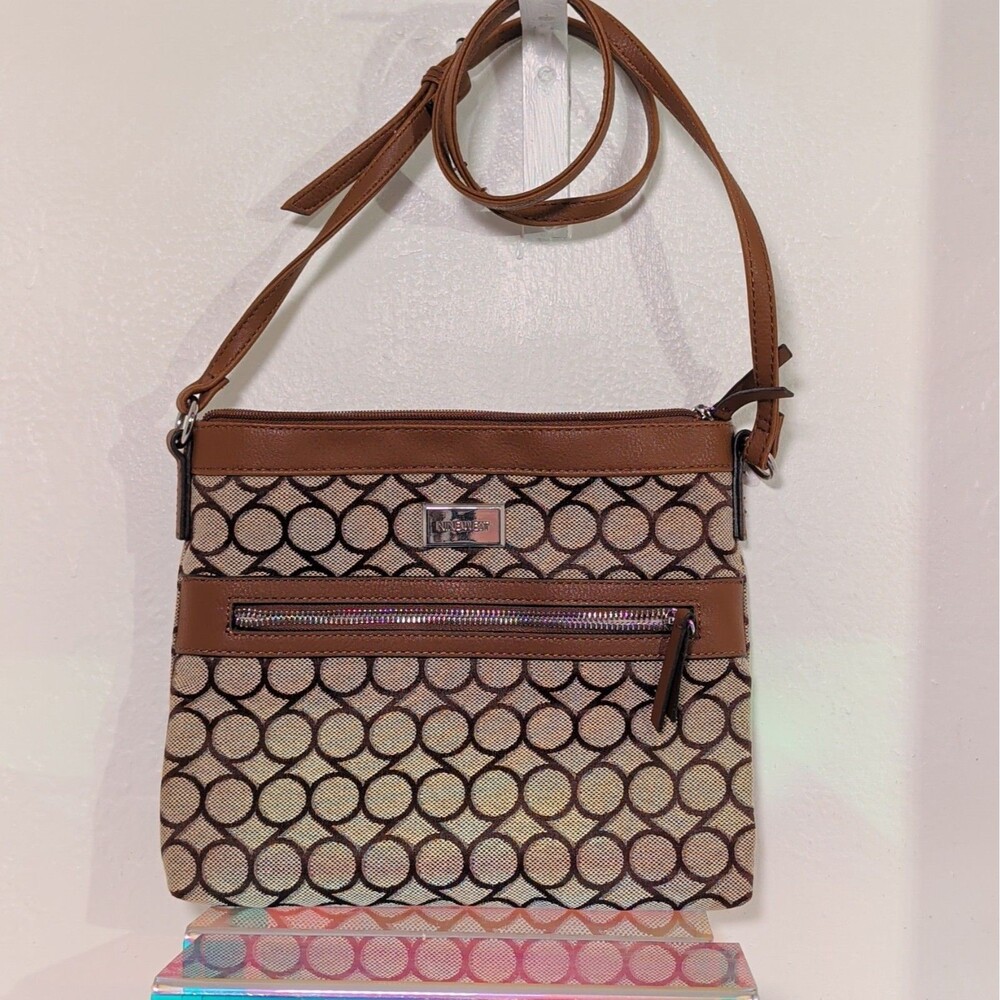 Nine West Monogram Crossbody Bag Brown Beige Y2K Logo Shoulder Purse Vintage